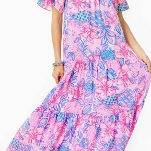 Lilly Pullitzer NWT Dezi Off-The-Shoulder Maxi Dress Pink Isle Snappy Turtle XS - Picture 6 of 9
